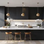 A luxurious modern kitchen with matte black handleless cabinets and a white quartz waterfall island, featuring polished brass pendant lights, white oak herringbone flooring, and a Calacatta marble backsplash, bathed in soft natural morning light through floor-to-ceiling windows.