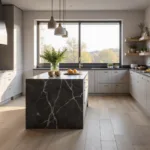 A modern, luxurious kitchen with light grey shaker cabinets, a dramatic marble-topped charcoal island, and satin brass hardware, all bathed in natural sunlight from floor-to-ceiling windows.