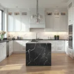 A photorealistic image of a modern luxury kitchen featuring white shaker cabinets, black granite countertops, a large waterfall island, and floor-to-ceiling windows. The kitchen includes professional-grade stainless steel appliances, geometric pendant lights, and a white marble subway tile backsplash. Warm oak hardwood floors add contrast, alongside polished chrome hardware. Natural sunlight casts soft morning light and subtle shadows, highlighting the kitchen's crisp details and textures.