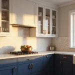 Photorealistic modern luxury kitchen with glass cabinets, navy blue lower cabinets, white marble countertops, and warm golden hour lighting.