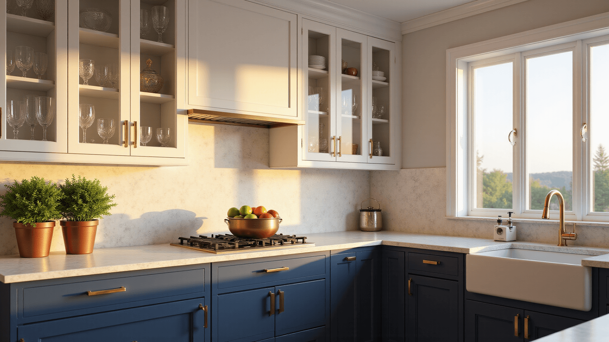 Photorealistic modern luxury kitchen with glass cabinets, navy blue lower cabinets, white marble countertops, and warm golden hour lighting.