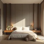A luxurious small master suite with a queen-size bed against a taupe wall, flanked by walnut nightstands and brass sconces, dove grey wardrobes, sheer white drapes filtering warm light, cream bedding, a jute rug, and a spa-like ensuite, styled with a luxury hotel aesthetic.