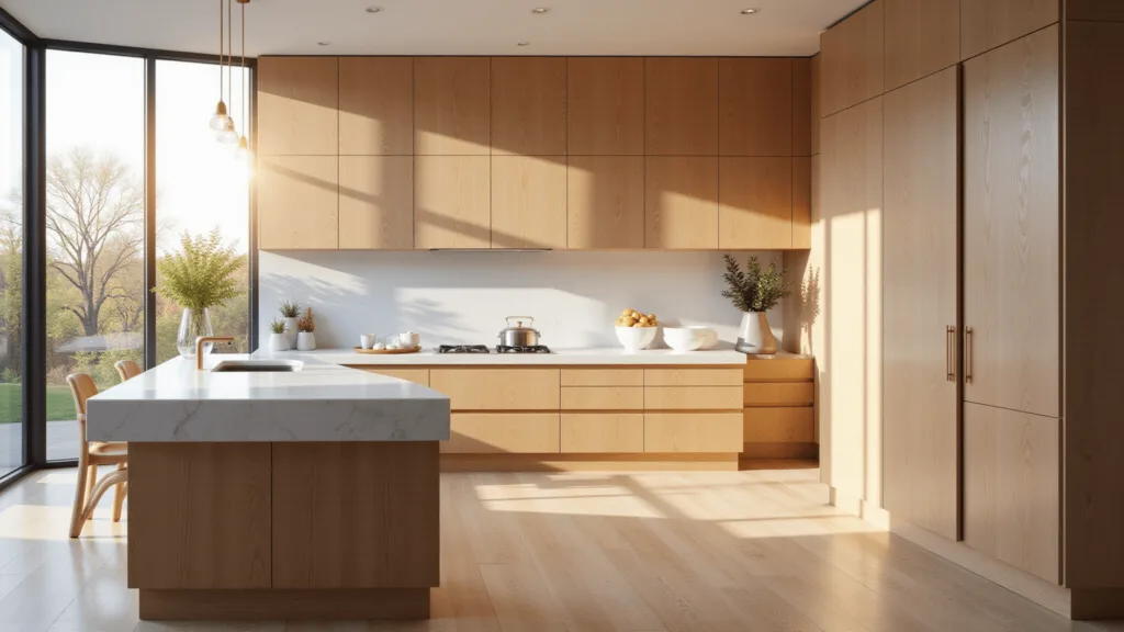 A luxurious modern kitchen with sunlit rift-cut white oak cabinets, white marble waterfall island, brass accents, and floor-to-ceiling windows; features cinematic lighting and subtle high-end decor.