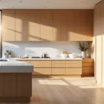A luxurious modern kitchen with sunlit rift-cut white oak cabinets, white marble waterfall island, brass accents, and floor-to-ceiling windows; features cinematic lighting and subtle high-end decor.