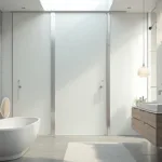 A photorealistic image of a modern minimalist bathroom featuring a frosted glass pocket door with brushed nickel hardware, sliding into a pristine white wall against soft morning light; showcasing a floating bleached oak vanity, cool gray polished concrete floors, and modern stainless steel fixtures, highlighted by natural light from a skylight.