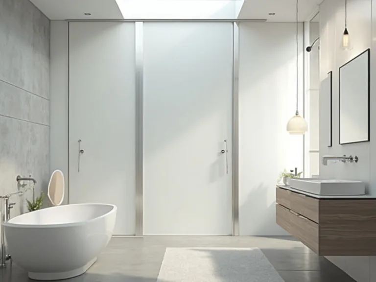 A photorealistic image of a modern minimalist bathroom featuring a frosted glass pocket door with brushed nickel hardware, sliding into a pristine white wall against soft morning light; showcasing a floating bleached oak vanity, cool gray polished concrete floors, and modern stainless steel fixtures, highlighted by natural light from a skylight.