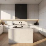 Hyperrealistic photograph of a spacious, sunlit modern kitchen featuring white modular cabinets, a large quartzite island, and minimalist decor, highlighted by under-cabinet LED lighting and natural sunlight.