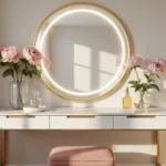 Luxurious bedroom vanity corner with a modern white floating vanity, gold hardware, circular LED mirror, and blush pink velvet stool, accented by sunlight and fresh pink peonies.