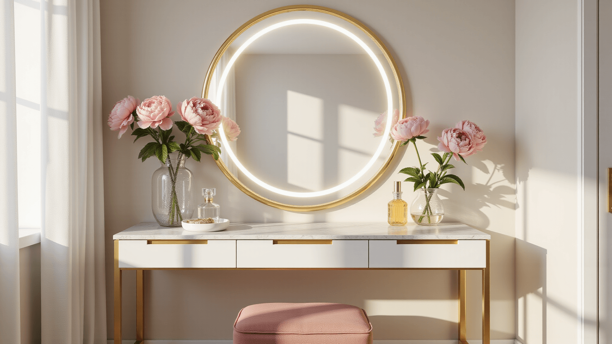 Luxurious bedroom vanity corner with a modern white floating vanity, gold hardware, circular LED mirror, and blush pink velvet stool, accented by sunlight and fresh pink peonies.