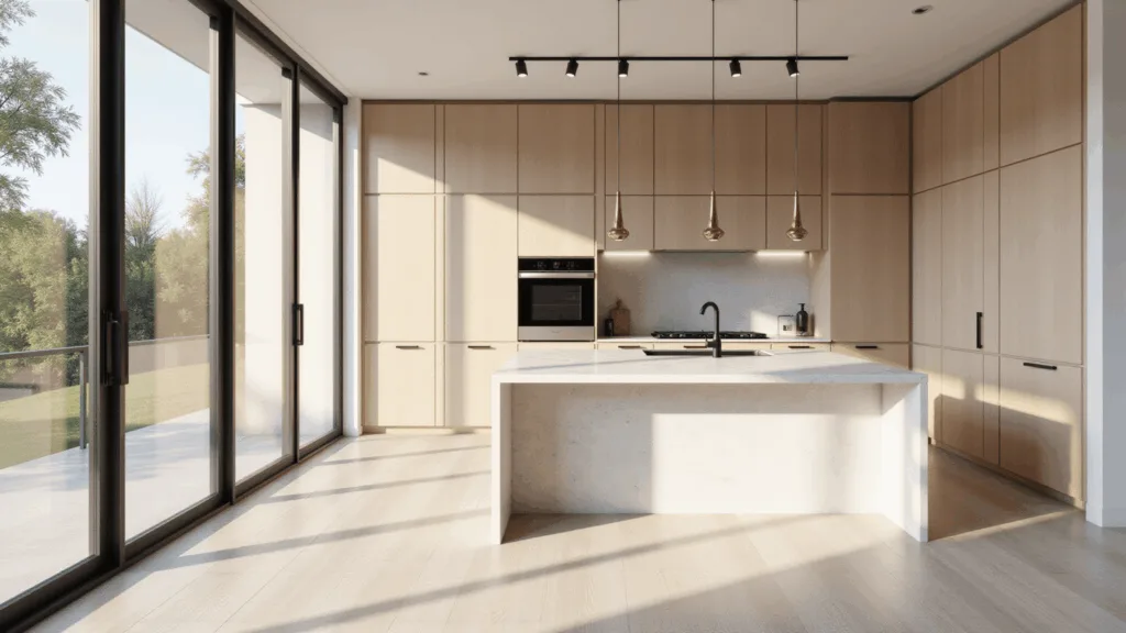 A luxurious modern minimalist kitchen featuring beige slab-front cabinets, a white quartz waterfall island, and ample natural light from floor-to-ceiling windows, accented with matte black hardware and brushed gold pendant lights, all set on white oak flooring.