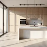 A luxurious modern minimalist kitchen featuring beige slab-front cabinets, a white quartz waterfall island, and ample natural light from floor-to-ceiling windows, accented with matte black hardware and brushed gold pendant lights, all set on white oak flooring.