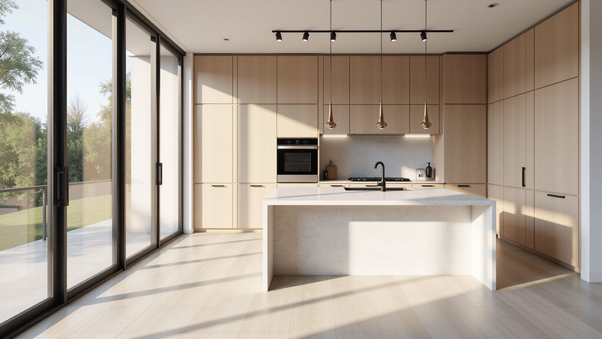 A luxurious modern minimalist kitchen featuring beige slab-front cabinets, a white quartz waterfall island, and ample natural light from floor-to-ceiling windows, accented with matte black hardware and brushed gold pendant lights, all set on white oak flooring.