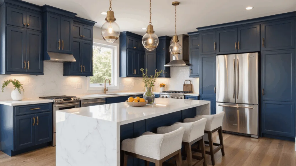 Photorealistic interior of a contemporary kitchen featuring navy blue Shaker-style cabinets, a Carrara marble waterfall island, and warm brass accents under golden hour sunlight.