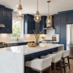 Photorealistic interior of a contemporary kitchen featuring navy blue Shaker-style cabinets, a Carrara marble waterfall island, and warm brass accents under golden hour sunlight.