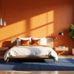 A modern bedroom featuring a sunlit tangerine orange wall, white linens, copper pillows on a platform bed, and a navy blue rug on oak flooring, with brass-accented furniture and floor-to-ceiling windows casting golden hour light.