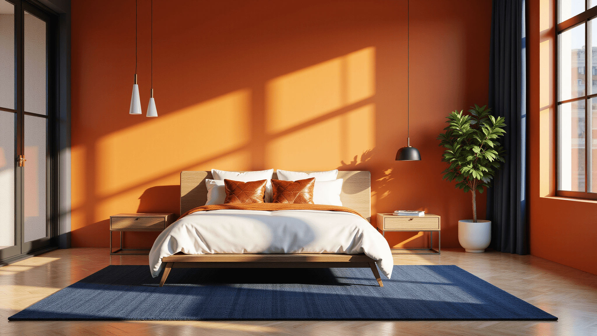 A modern bedroom featuring a sunlit tangerine orange wall, white linens, copper pillows on a platform bed, and a navy blue rug on oak flooring, with brass-accented furniture and floor-to-ceiling windows casting golden hour light.