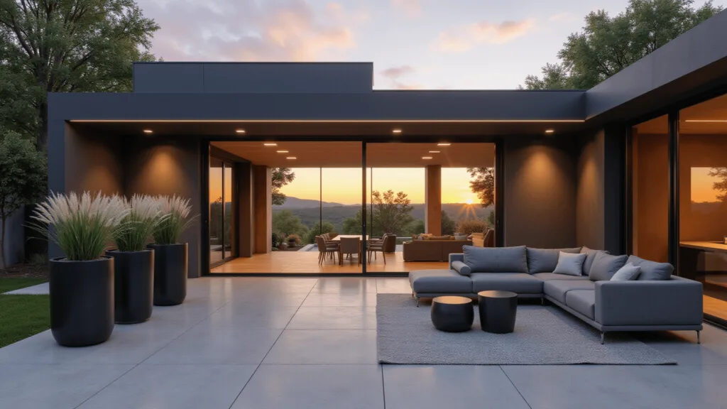 Photorealistic image of a modern minimalist patio at sunset with sleek furnishings, sliding glass doors, and decorative planters, showcasing a warm, inviting ambiance with architectural lighting and cinematic details.