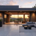 Photorealistic image of a modern minimalist patio at sunset with sleek furnishings, sliding glass doors, and decorative planters, showcasing a warm, inviting ambiance with architectural lighting and cinematic details.