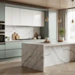 Minimalist modern luxury kitchen with matte sage green lower cabinets, white upper cabinets, marble waterfall island, and herringbone oak flooring, illuminated by soft morning sunlight.