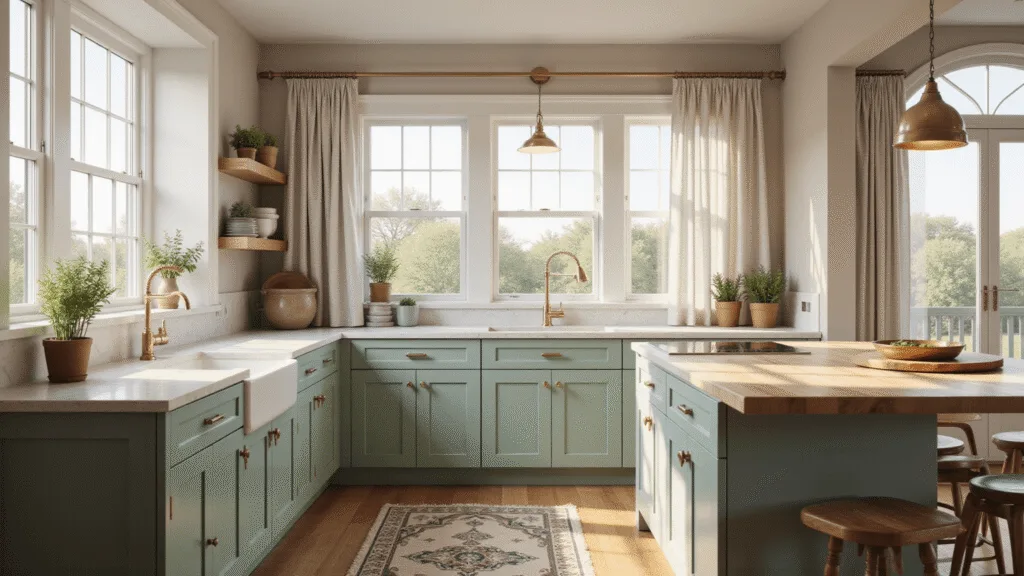 A photorealistic interior shot of a sophisticated open-concept kitchen featuring two-tone cabinetry with white shaker-style upper cabinets and sage green lower cabinets, large windows with sheer curtains, marble-look quartz countertops, and a butcher block island, all illuminated by warm golden hour lighting.