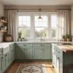 A photorealistic interior shot of a sophisticated open-concept kitchen featuring two-tone cabinetry with white shaker-style upper cabinets and sage green lower cabinets, large windows with sheer curtains, marble-look quartz countertops, and a butcher block island, all illuminated by warm golden hour lighting.