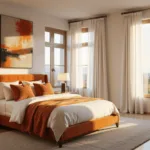A modern bedroom with a burnt orange velvet bed, golden hour sunlight, crisp white walls, layered bedding with orange throw pillows, natural wood nightstands, sheer white curtains, and abstract earth-toned artwork.