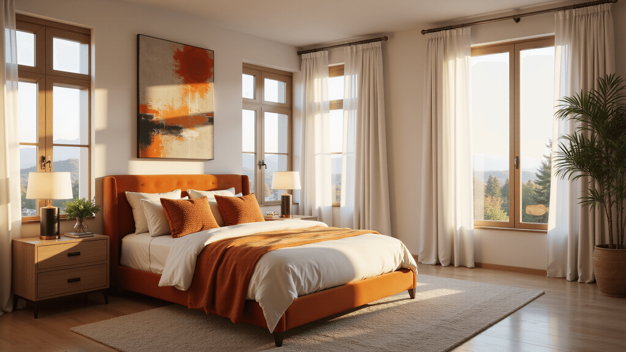 A modern bedroom with a burnt orange velvet bed, golden hour sunlight, crisp white walls, layered bedding with orange throw pillows, natural wood nightstands, sheer white curtains, and abstract earth-toned artwork.