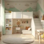 A photorealistic interior of a toddler's bedroom with a modern white loft bed featuring staircase storage. Sunlight filters through sheer curtains onto light wooden floors. Below the loft is a play area with a craft table and floating shelves with colorful books and toys. A pastel rug, geometric patterned walls, and cloud-themed decals adorn the space. A Scandinavian-style reading nook with a window seat and textured cushions occupies a corner. The room showcases child-safe elements and ambient lighting, emphasizing a harmonious, organized design.