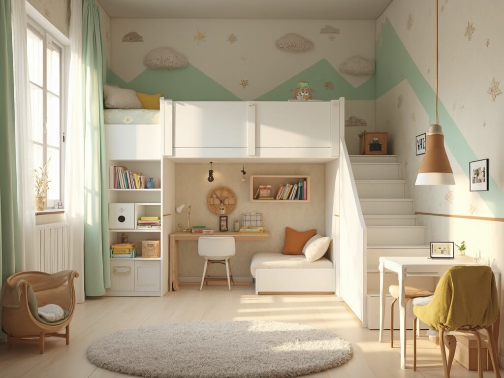 A photorealistic interior of a toddler's bedroom with a modern white loft bed featuring staircase storage. Sunlight filters through sheer curtains onto light wooden floors. Below the loft is a play area with a craft table and floating shelves with colorful books and toys. A pastel rug, geometric patterned walls, and cloud-themed decals adorn the space. A Scandinavian-style reading nook with a window seat and textured cushions occupies a corner. The room showcases child-safe elements and ambient lighting, emphasizing a harmonious, organized design.