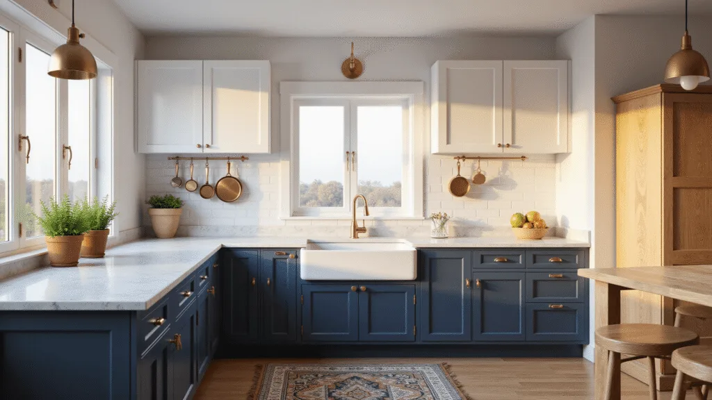 A bright contemporary kitchen with two-tone cabinets—white upper and navy blue lower—featuring marble countertops, a farmhouse sink, brushed gold hardware, and terracotta herb pots, all bathed in warm morning light.