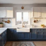 A bright contemporary kitchen with two-tone cabinets—white upper and navy blue lower—featuring marble countertops, a farmhouse sink, brushed gold hardware, and terracotta herb pots, all bathed in warm morning light.