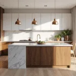 Photorealistic interior of a sun-drenched modern kitchen with two-tone walnut and white cabinetry, Carrara marble island, minimalist brass pendants, and wide-plank white oak flooring, featuring artisanal decor and natural lighting.