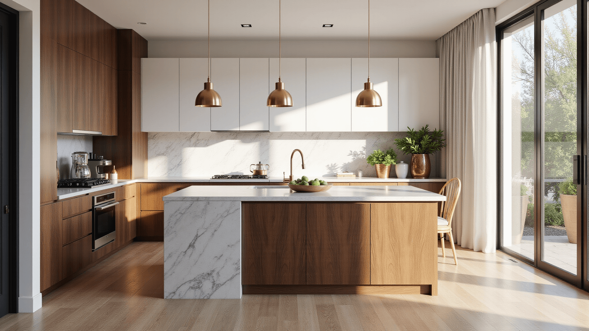 Photorealistic interior of a sun-drenched modern kitchen with two-tone walnut and white cabinetry, Carrara marble island, minimalist brass pendants, and wide-plank white oak flooring, featuring artisanal decor and natural lighting.