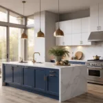 Luxurious modern kitchen with navy blue lower cabinets and white upper cabinets, featuring a white quartz waterfall island and brushed brass pendant lights. Floor-to-ceiling windows illuminate the space during golden hour, highlighting stainless steel appliances and a marble backsplash. Decor includes herbs in copper pots, ceramics, and a geometric fruit bowl. Wide plank oak flooring and dramatic natural light enhance the scene.