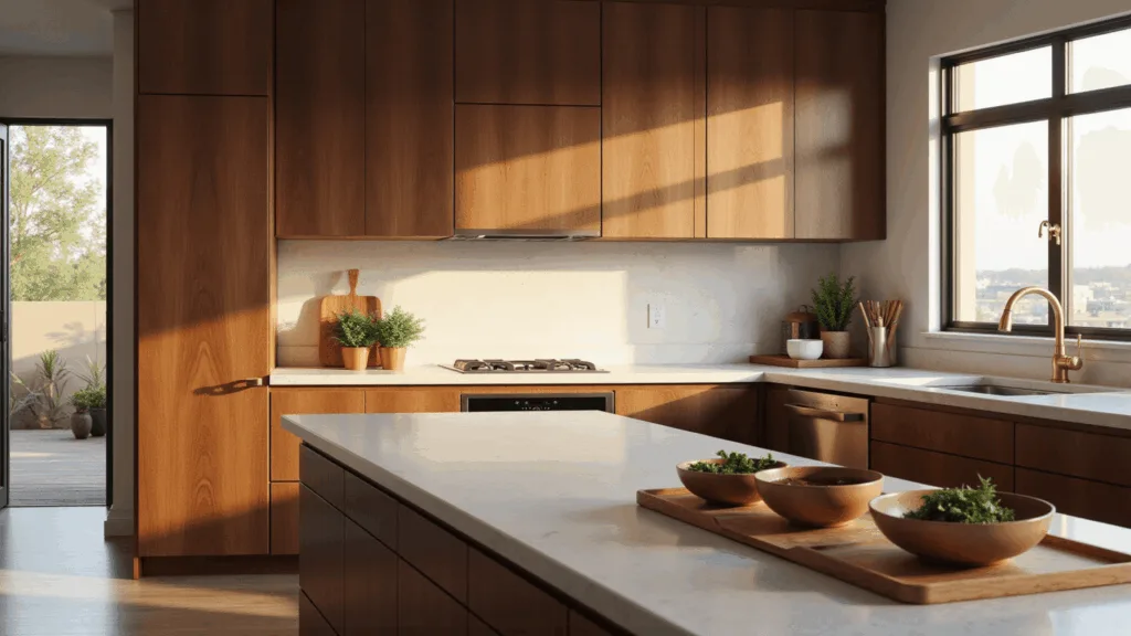 A hyperrealistic kitchen featuring walnut shaker-style cabinets and white quartz countertops, captured in warm golden hour light, showcasing artisanal ceramics and fresh herbs in copper planters, with dramatic shadows and rich textures.