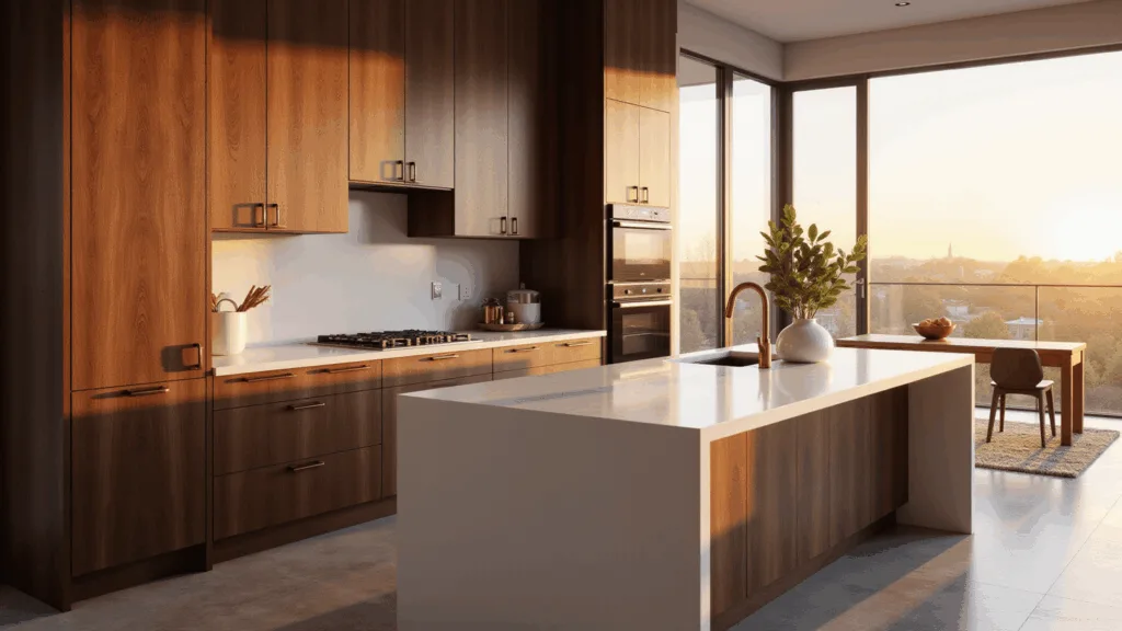 A photorealistic modern kitchen featuring walnut cabinets, a white quartz waterfall island, and matte black appliances, illuminated by golden hour sunlight through floor-to-ceiling windows, with polished concrete flooring and minimal decor.
