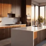 A photorealistic modern kitchen featuring walnut cabinets, a white quartz waterfall island, and matte black appliances, illuminated by golden hour sunlight through floor-to-ceiling windows, with polished concrete flooring and minimal decor.