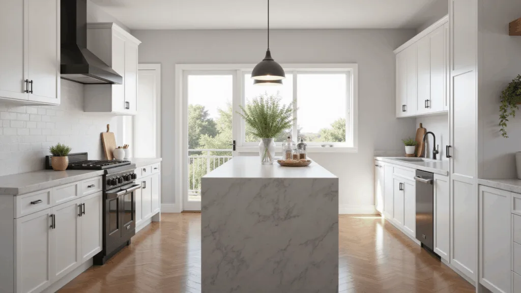 Photorealistic interior of a modern white kitchen featuring flat-panel cabinets, a pale grey quartz island, and oak herringbone flooring, illuminated by bright morning sunlight through floor-to-ceiling windows, showcasing detailed textures and stylish decor.