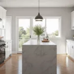 Photorealistic interior of a modern white kitchen featuring flat-panel cabinets, a pale grey quartz island, and oak herringbone flooring, illuminated by bright morning sunlight through floor-to-ceiling windows, showcasing detailed textures and stylish decor.