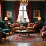 A moody, Victorian-style living room during golden hour, featuring a tobacco brown Chesterfield sofa, emerald green velvet wingback chairs, burgundy silk drapes, a Persian rug, and ornate decor like brass fixtures, a crystal chandelier, and leather-bound books. Sunbeams from tall windows create dramatic shadows, enhancing the rich textures and vintage ambiance of the room.
