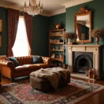 A luxurious Victorian parlor with deep green walls and cognac leather sofa, illuminated by golden hour light, featuring a crystal chandelier, damask curtains, Persian rugs, and a marble fireplace with ornate details.