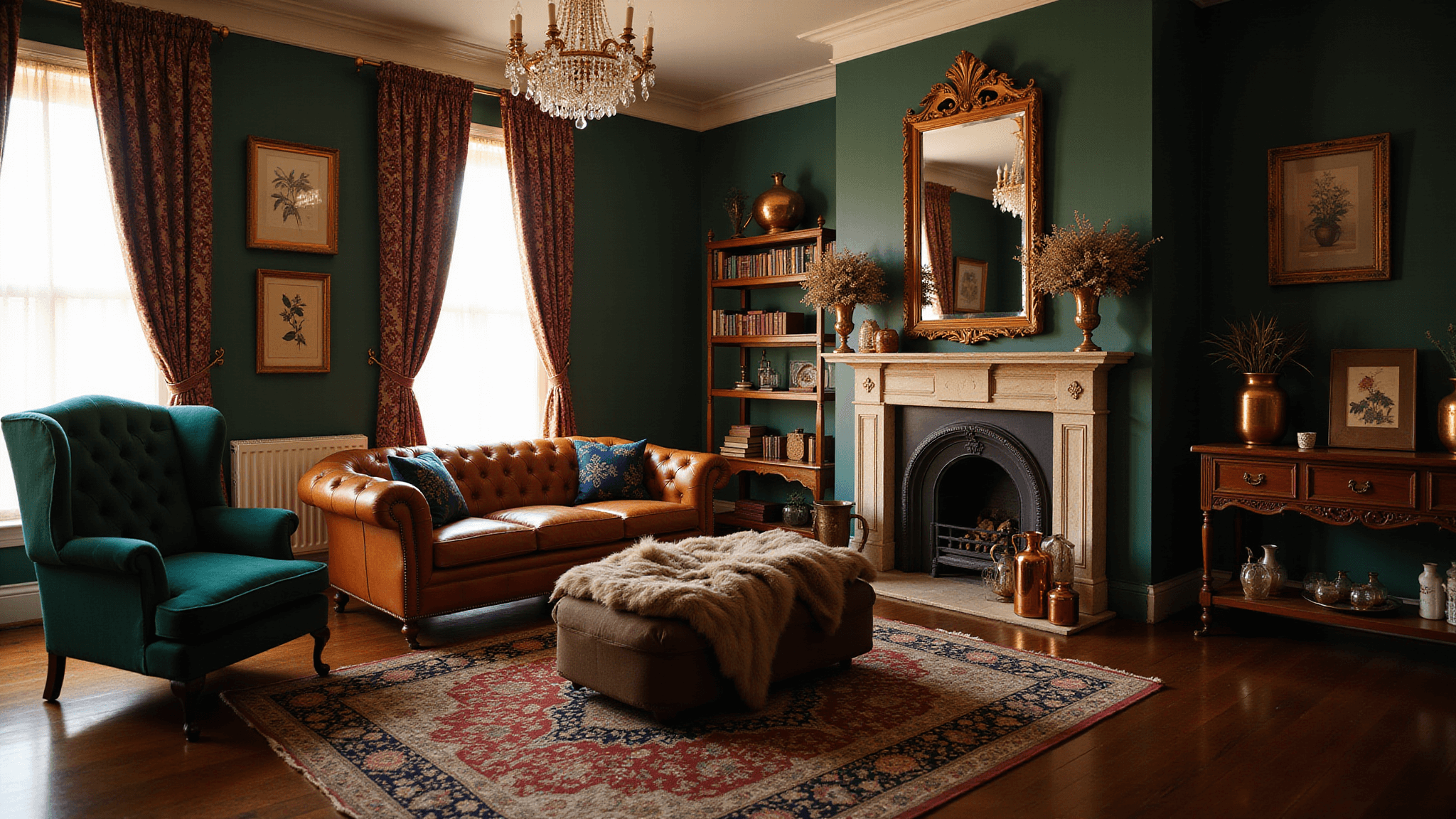 A luxurious Victorian parlor with deep green walls and cognac leather sofa, illuminated by golden hour light, featuring a crystal chandelier, damask curtains, Persian rugs, and a marble fireplace with ornate details.