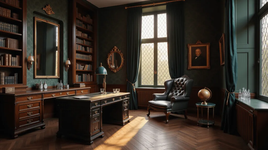A moody Victorian library study with dark walnut bookshelves, forest green damask walls, and a golden afternoon light creating geometric shadows. Features include an ebony desk with brass details, emerald glass lamp, leather Chesterfield chair, antique maps, decorative globe, herringbone floors, crystal decanter set, leather-bound books, gold-framed mirrors, and black velvet curtains, all in dramatic chiaroscuro lighting.