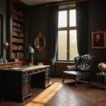 A moody Victorian library study with dark walnut bookshelves, forest green damask walls, and a golden afternoon light creating geometric shadows. Features include an ebony desk with brass details, emerald glass lamp, leather Chesterfield chair, antique maps, decorative globe, herringbone floors, crystal decanter set, leather-bound books, gold-framed mirrors, and black velvet curtains, all in dramatic chiaroscuro lighting.