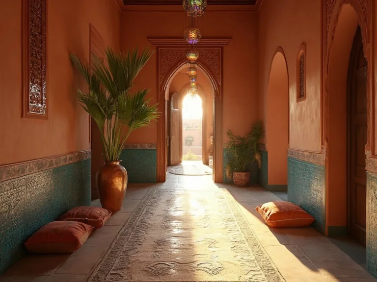 Photorealistic Moroccan hallway interior at golden hour with terracotta walls, vintage runner, brass lanterns, peacock blue tiles, copper vase with palm fronds, arched doorway, and jewel-toned cushions.