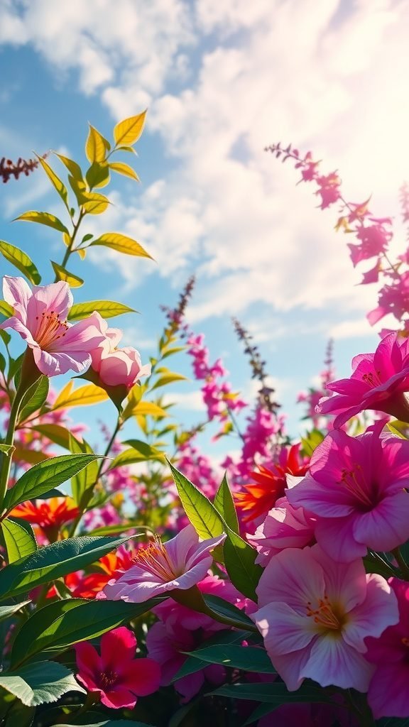 A vibrant field of flowers under a bright blue sky with clouds