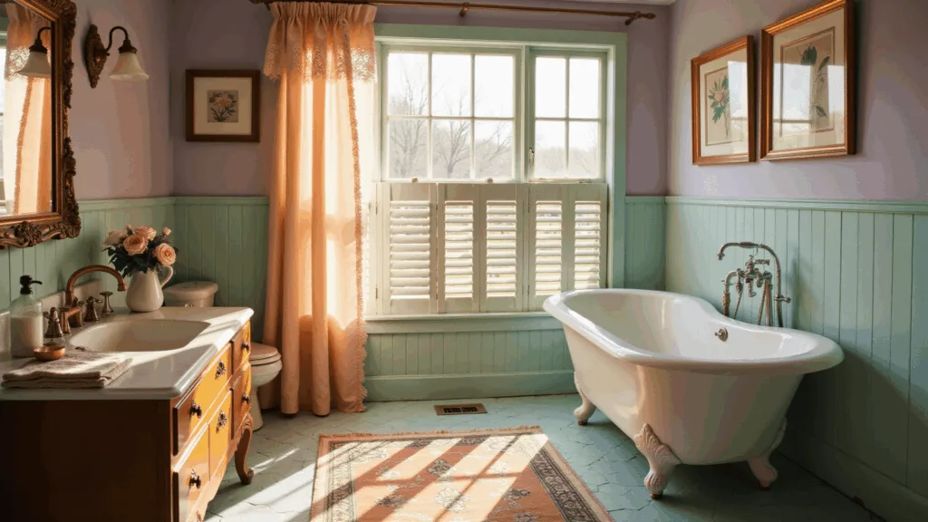 A sunlit vintage bathroom featuring mint green subway tiles, a white clawfoot tub, and a peach ruffled shower curtain, adorned with cut-crystal perfume bottles and fresh garden roses, with light streaming through plantation shutters and casting shadows on a pastel Turkish rug.