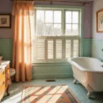 A sunlit vintage bathroom featuring mint green subway tiles, a white clawfoot tub, and a peach ruffled shower curtain, adorned with cut-crystal perfume bottles and fresh garden roses, with light streaming through plantation shutters and casting shadows on a pastel Turkish rug.