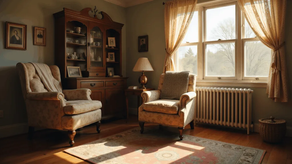 A sunlit living room featuring a floral armchair with a crocheted afghan, a vintage brass lamp, family photographs, and a large Persian rug, all bathed in warm golden hour lighting and creating a cozy, nostalgic atmosphere.