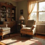 A sunlit living room featuring a floral armchair with a crocheted afghan, a vintage brass lamp, family photographs, and a large Persian rug, all bathed in warm golden hour lighting and creating a cozy, nostalgic atmosphere.